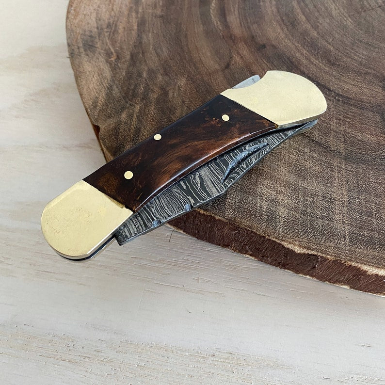 Custom Handmade Damascus Steel Folding Pocket Knife With Leather Sheath