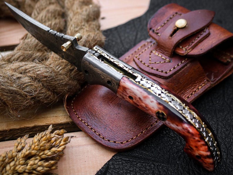 Custom Handmade Damascus Steel Folding Pocket Knife With Leather Pouch