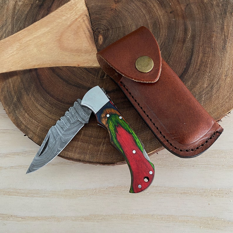 Custom Handmade Damascus Steel Folding Pocket Knife With Leather Pouch