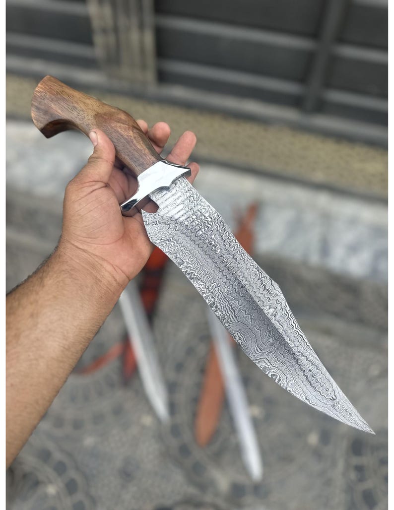 Custom Damascus Steel Hunting Bowie Knife | 15'' Handmade Survival Knife with Rose Wood Handle