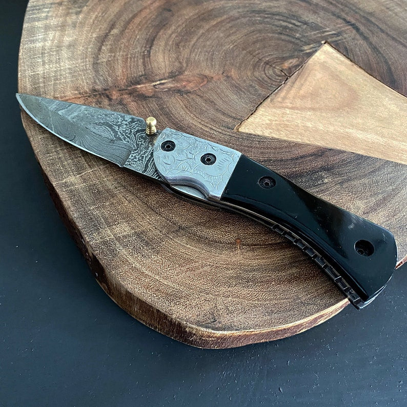 Custom Handmade Damascus Steel Folding Pocket Knife With Leather Sheath