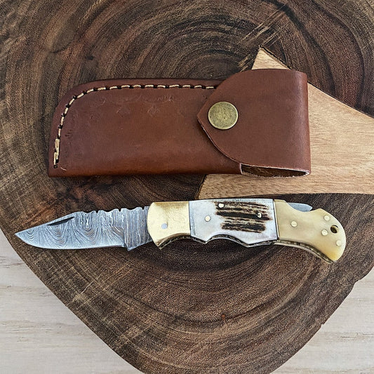 Custom Handmade Damascus Steel Folding Pocket Knife With Leather Sheath