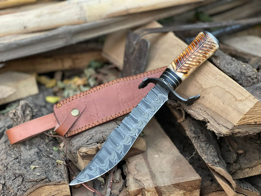 Custom Handmade Damascus Steel Hunting Bowie Knife With Leather Sheath