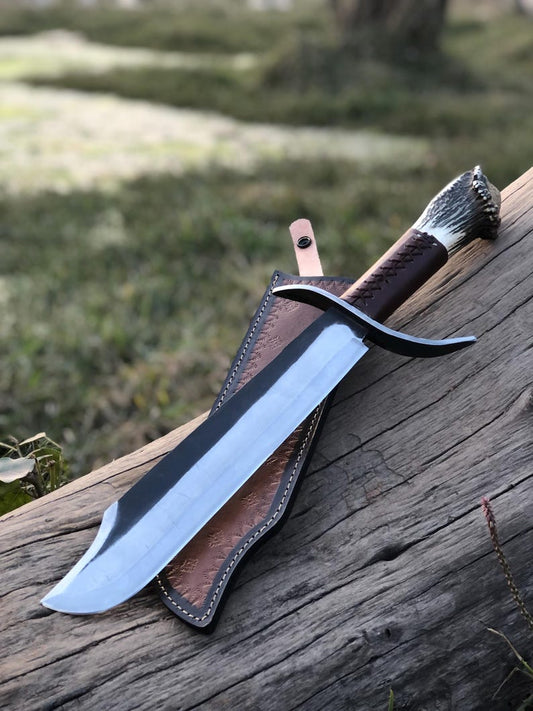 handmade hunting bowie knife deer stag handle with sheath