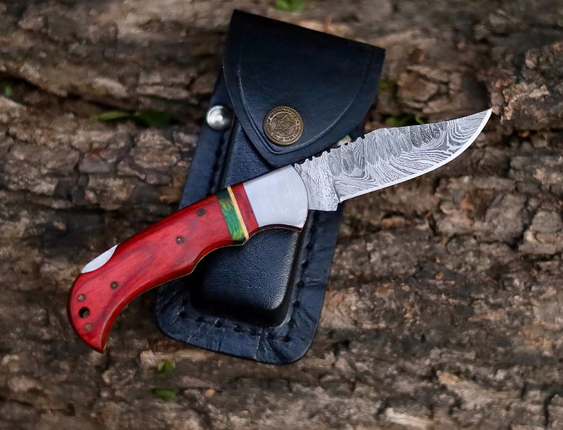 Custom Handmade Damascus Steel Folding Pocket Knife With Leather Pouch