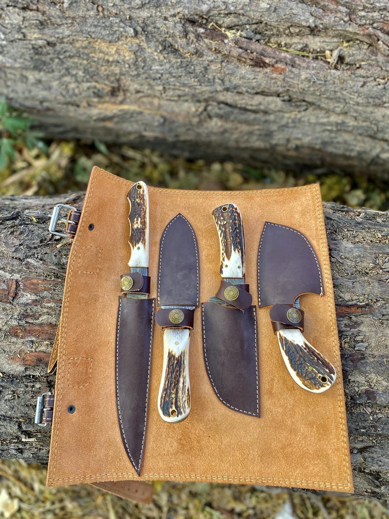 Handmade Damascus Steel Hunting Knife 4 Pc Set Roll Beg,Best For Gift Birthday Best For Gift Christmas