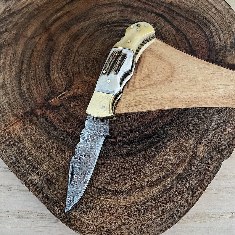 Custom Handmade Damascus Steel Folding Pocket Knife With Leather Sheath