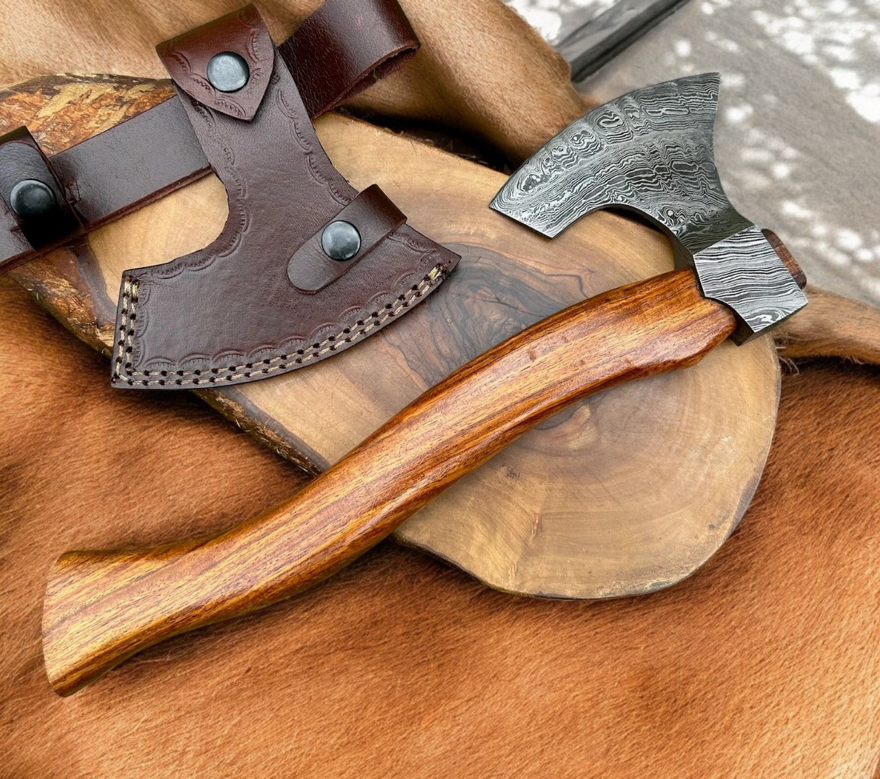 Custom Handmade Damascus Steel Axe Superb Leather Sheath