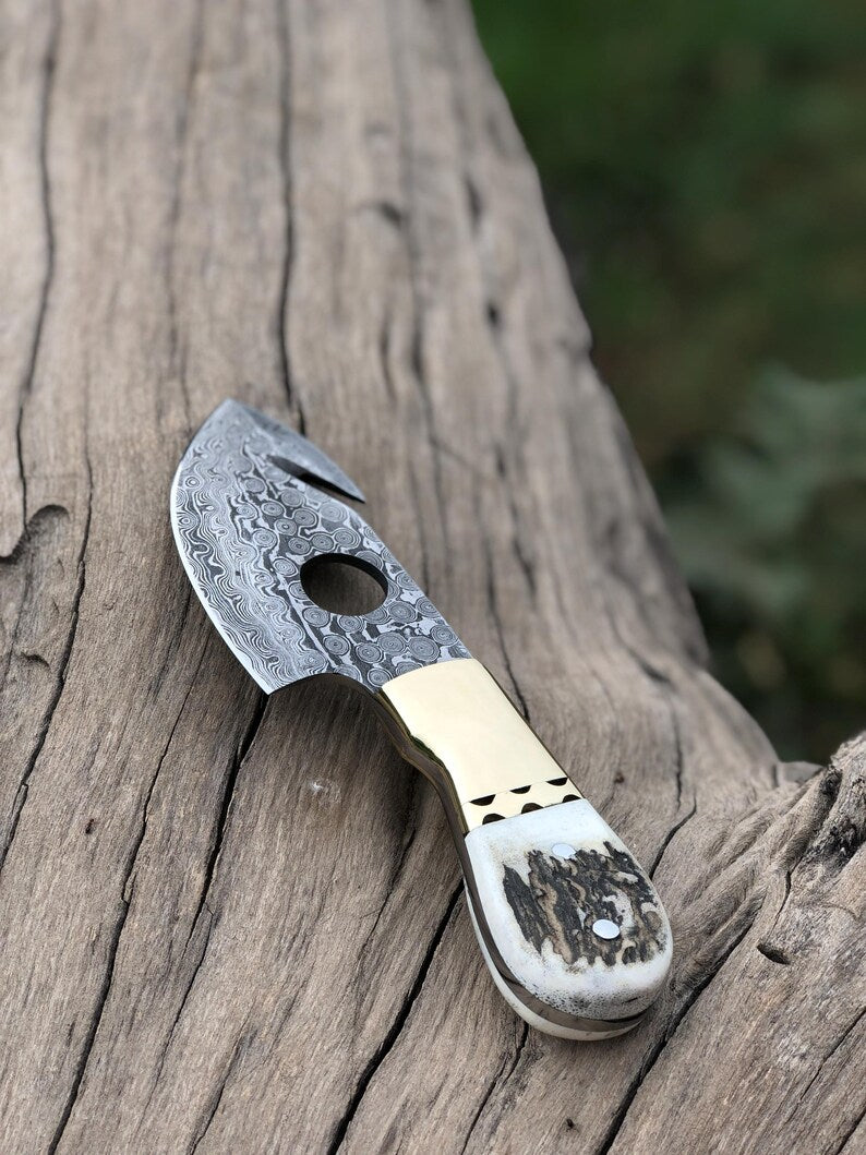 handmade damascus steel guthook skinning knife with sheath