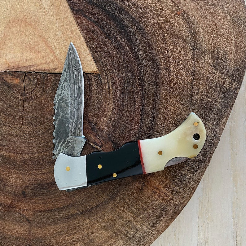 Custom Handmade Damascus Steel Folding Pocket Knife With Leather Pouch