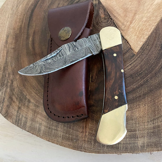 Custom Handmade Damascus Steel Folding Pocket Knife With Leather Sheath
