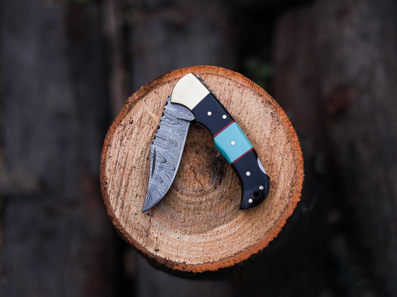 Custom Handmade Damascus Steel Folding Pocket Knife With Leather Pouch