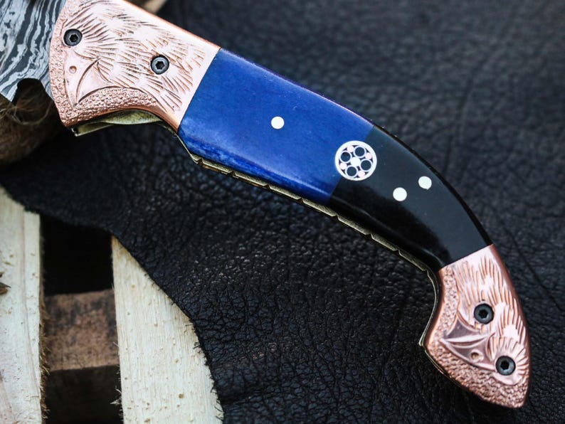 Custom Handmade Damascus Steel Folding Pocket Knife With Leather Sheath