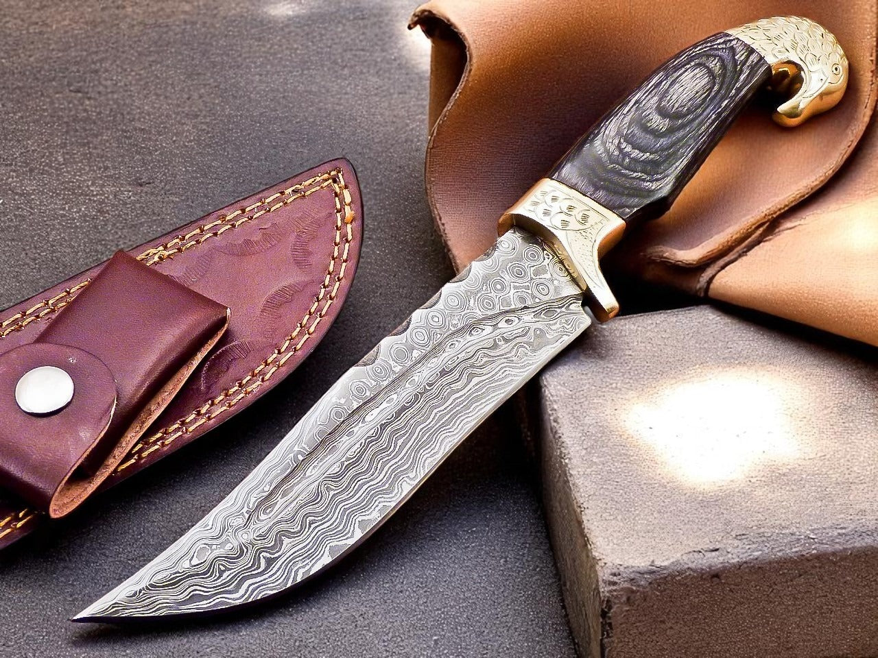 Custom Handmade Damascus Steel Hunting Knife With Leather Sheath