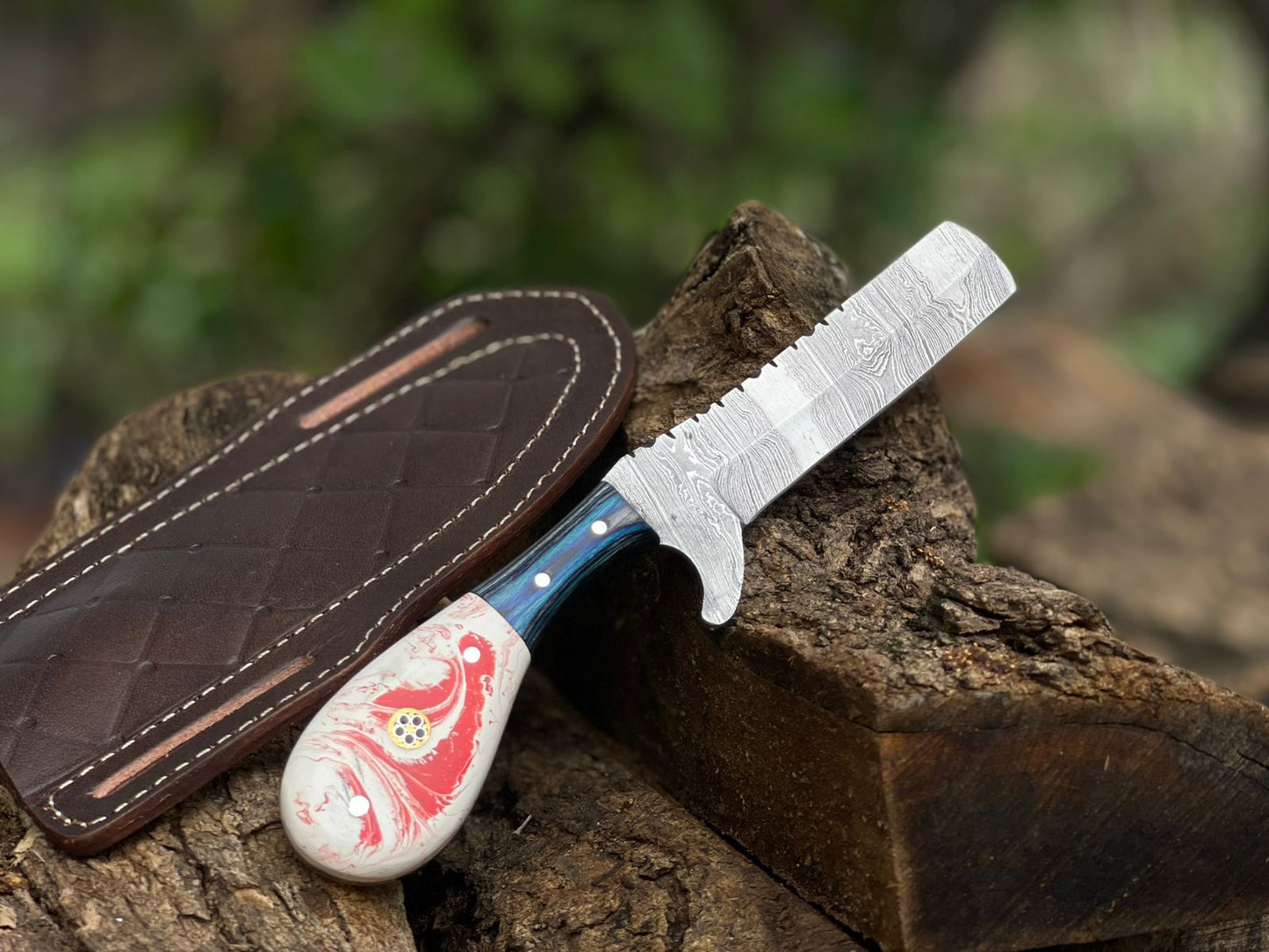 Hand-Forged Damascus Steel Cowboy Bull-Cutter Knife with Premium Leather Sheath