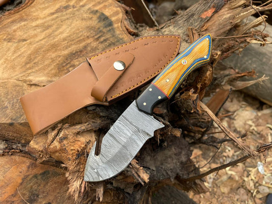 Custom Handmade Damascus Steel Guthook Hunting Skinning Knife With Leather Sheath