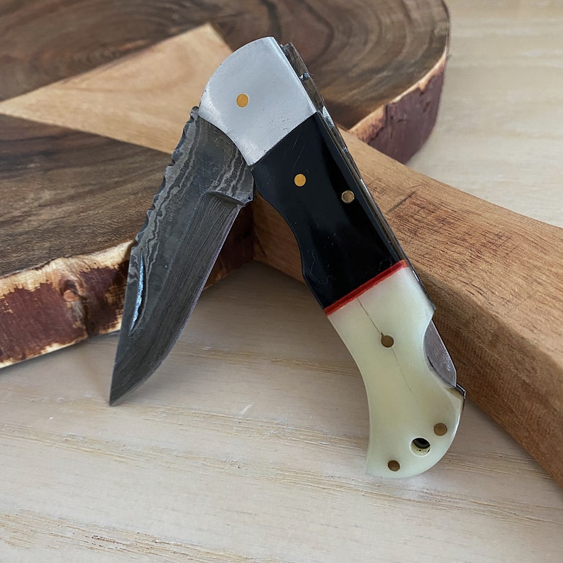 Custom Handmade Damascus Steel Folding Pocket Knife With Leather Pouch