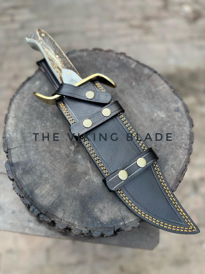 Custom Handmade Stainless Damascus Steel Hunting Gut Hook Bowie Knife With Leather Sheath
