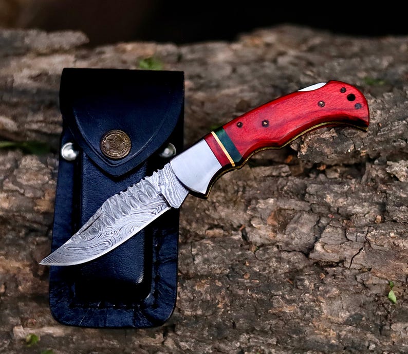Custom Handmade Damascus Steel Folding Pocket Knife With Leather Pouch