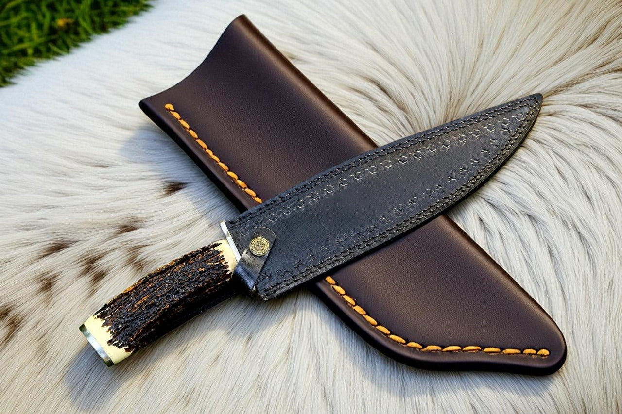 Handmade Stainless Steel Bowie Knife | Stag Horn Handle | Hunting Knife with Leather Sheath