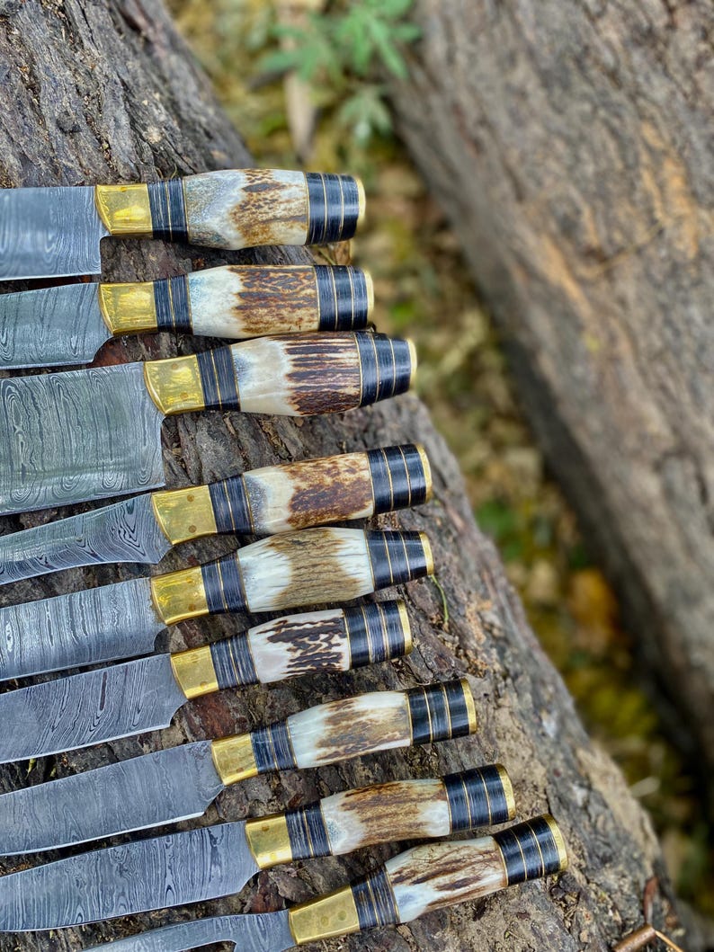 Custom Handmade Damascus Steel Chef Set With Leather Roll Kit Stag Handle