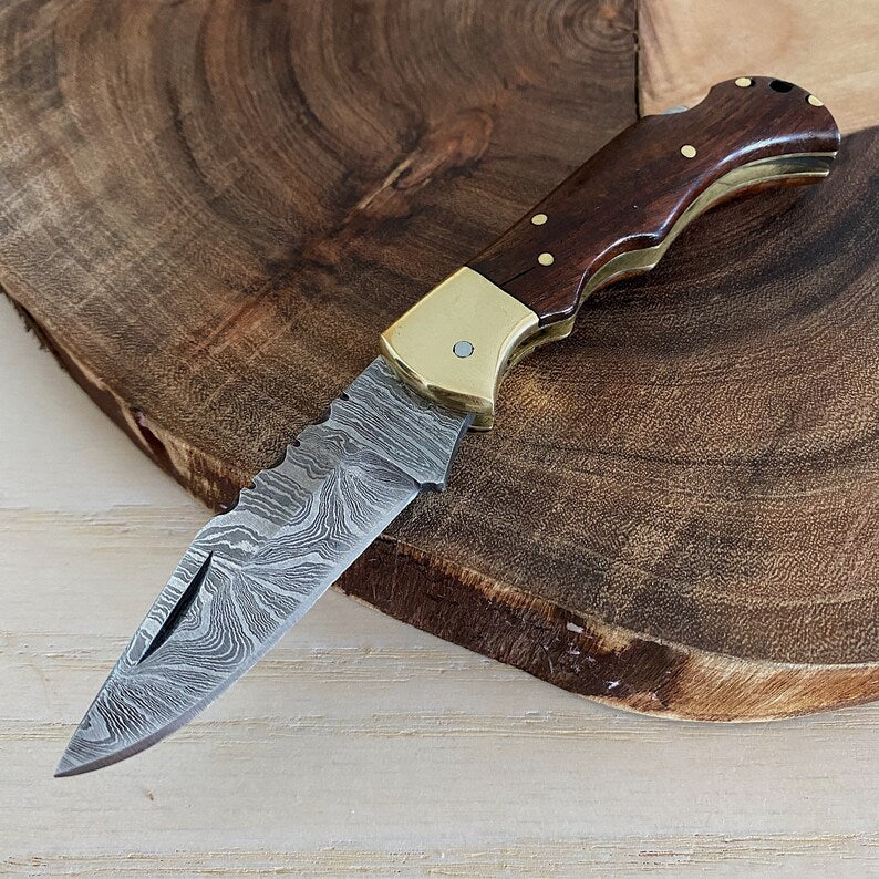Custom Handmade Damascus Steel Folding Pocket Knife With Leather Sheath