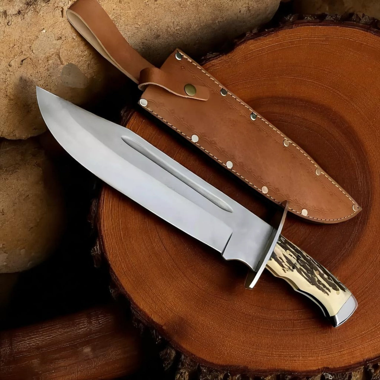Custom Handmade D2 Steel Bowie Knife with Stag Horn Handle | Hunting & Camping Knife | Leather Sheath Included | Gift for Him