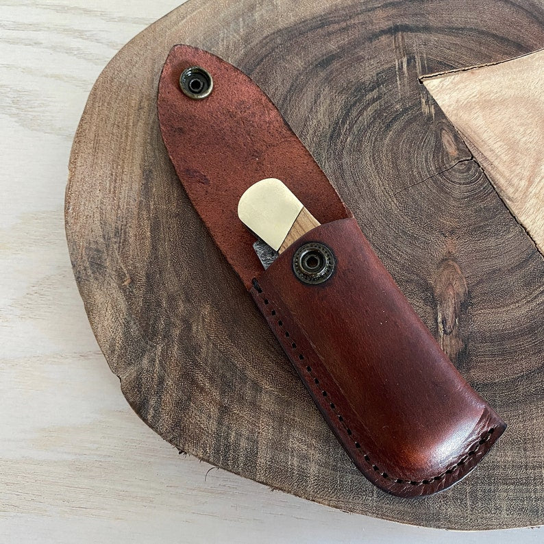 Custom Handmade Damascus Steel Folding Pocket Knife With Leather Sheath