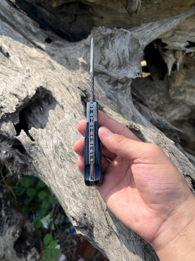 Custom Handmade Damascus Steel Folding Pocket Knife With Leather Pouch