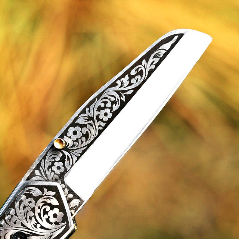 Handcrafted Foldable Knife with Exquisite Laser-Engraved Floral Pattern - Perfect Gift Idea