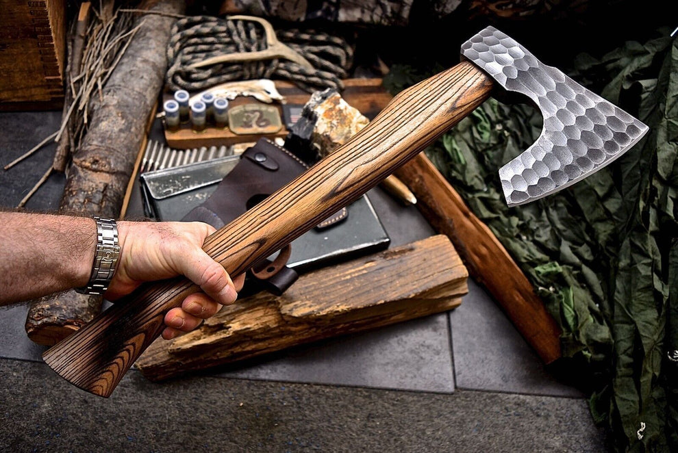 Handmade Viking Axe, Steel Axe Forged Bearded Camping Hatchet with Leather Sheath