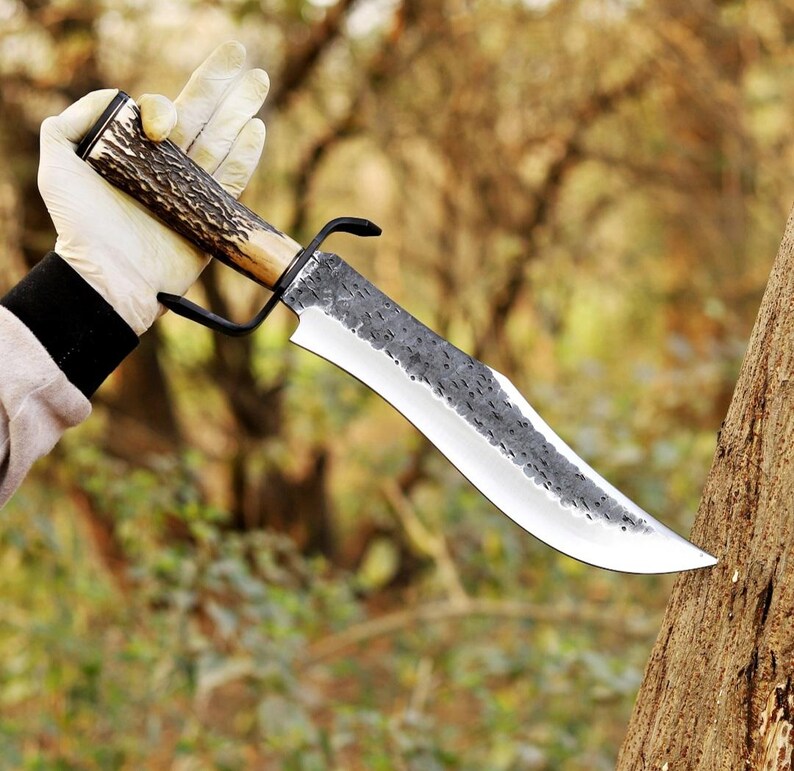 Handmade Bowie Knife 17 Inch Carbon Steel Blade with Antler Handle & Leather Sheath