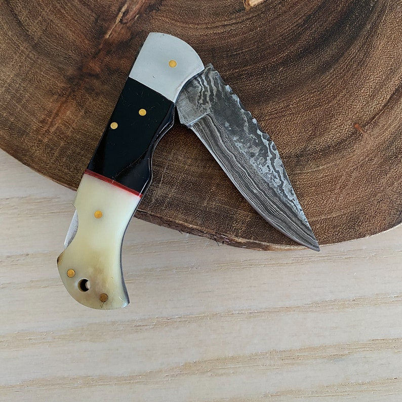 Custom Handmade Damascus Steel Folding Pocket Knife With Leather Pouch