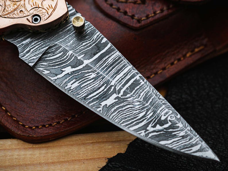 Custom Handmade Damascus Steel Folding Pocket Knife With Leather Pouch