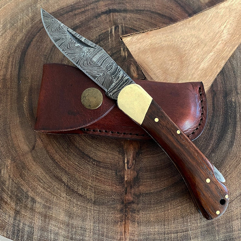 Custom Handmade Damascus Steel Folding Pocket Knife With Leather Sheath