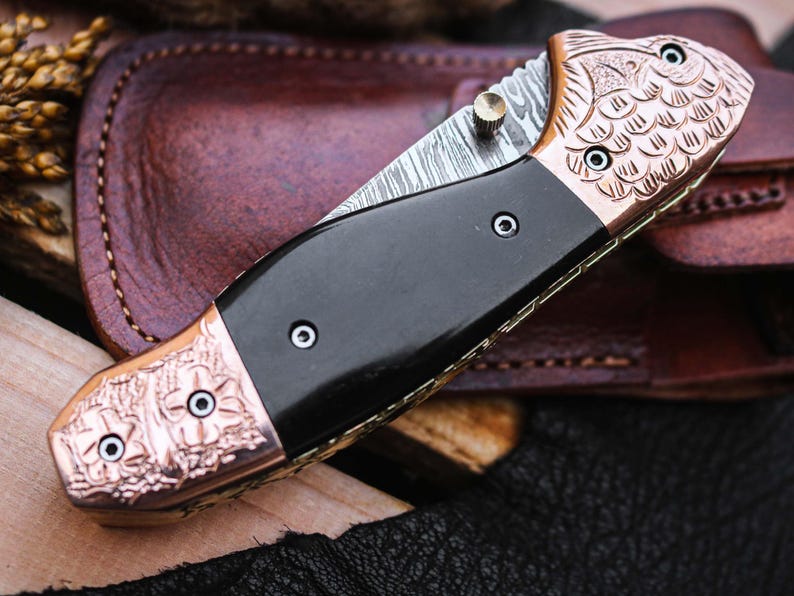 Custom Handmade Damascus Steel Folding Pocket Knife With Leather Pouch