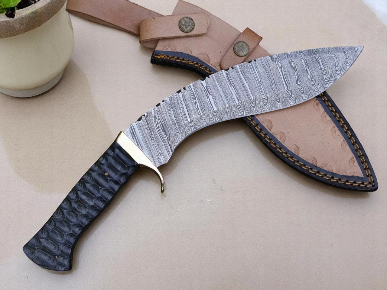 Custom Handmade Damascus Steel Kukri Knife With Leather Sheath