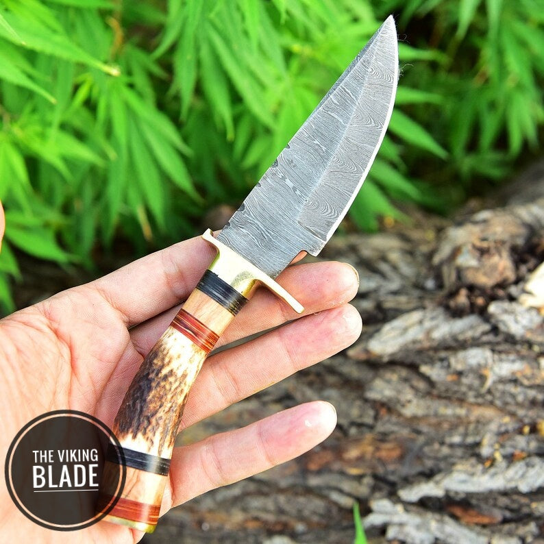 Custom Handmade Damascus Steel Hunting Skinning Knife Stag HANDLE BRASS GUARD Comes With Genuine Leather Seath