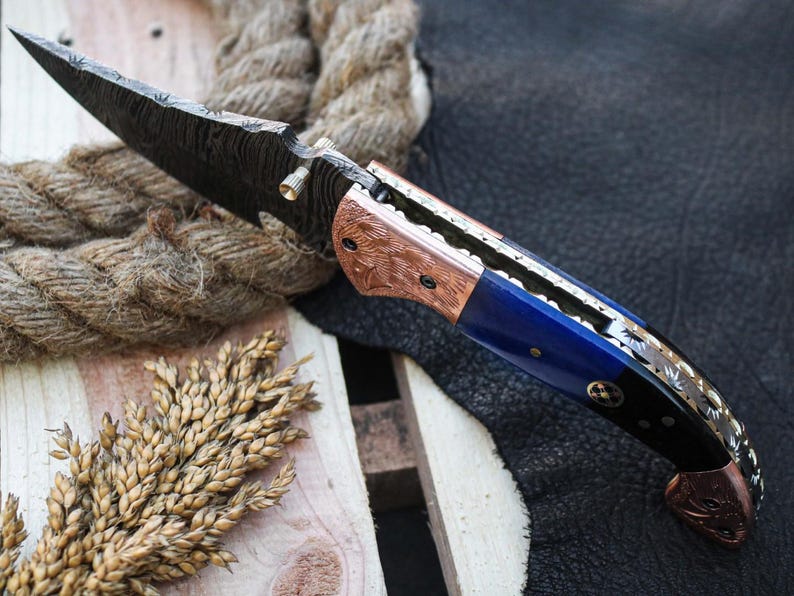 Custom Handmade Damascus Steel Folding Pocket Knife With Leather Sheath