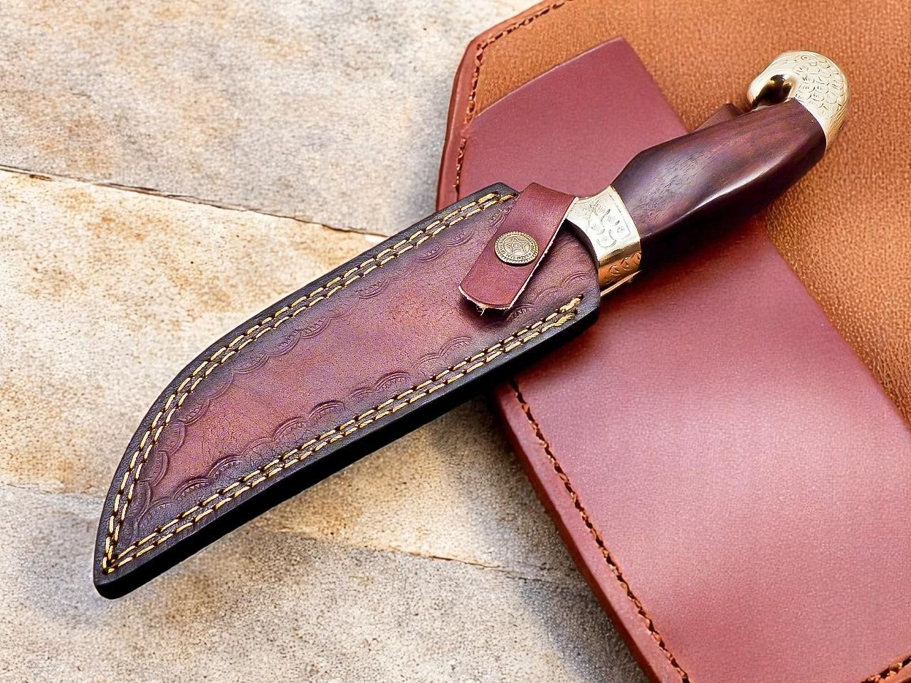 Custom Handmade Damascus Steel Hunting Knife With Leather Sheath