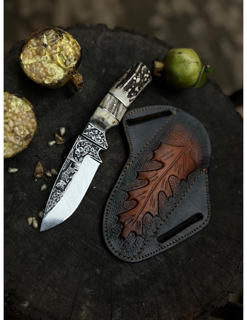 Custom Handmade Hunting Knife With Leather Sheath Stag Horn Handled
