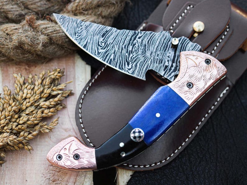 Custom Handmade Damascus Steel Folding Pocket Knife With Leather Sheath