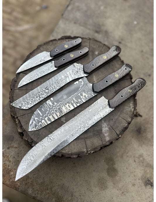 Hand-Forged San Mai Damascus Knife Set: Wenge Wood Handles