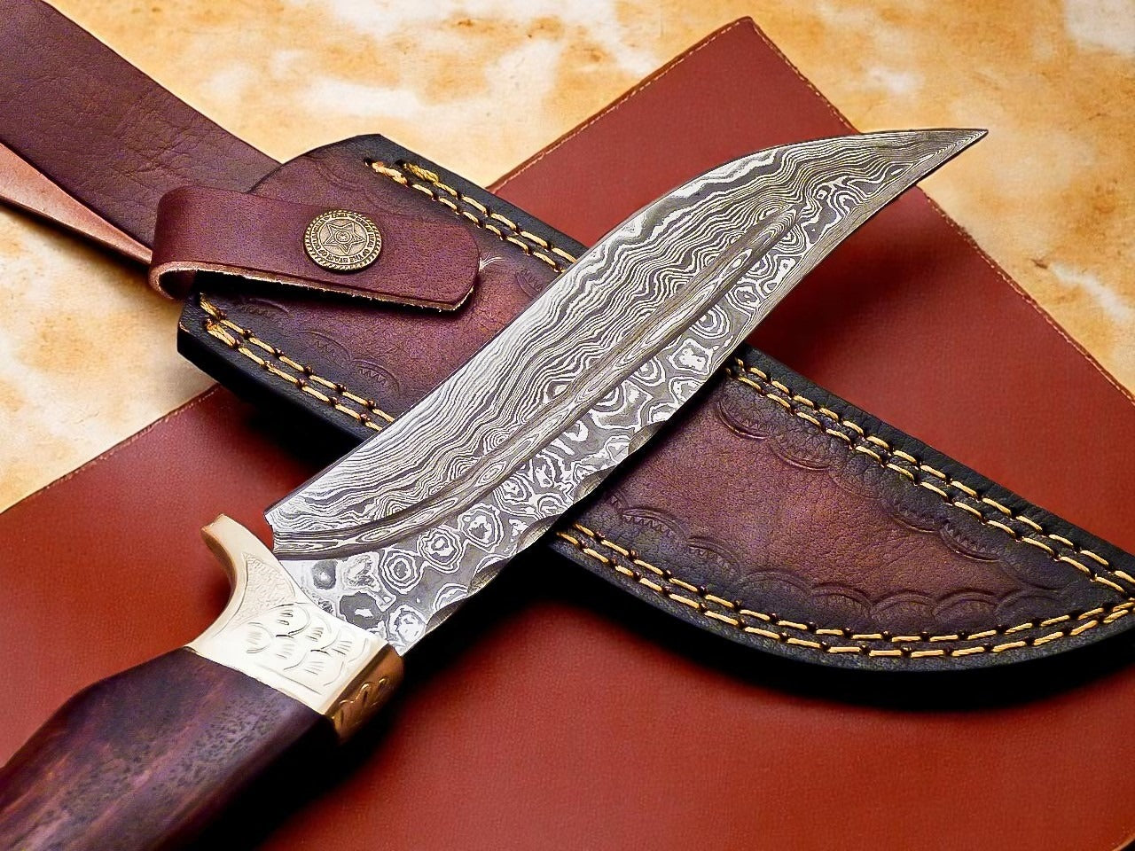 Custom Handmade Damascus Steel Hunting Knife With Leather Sheath