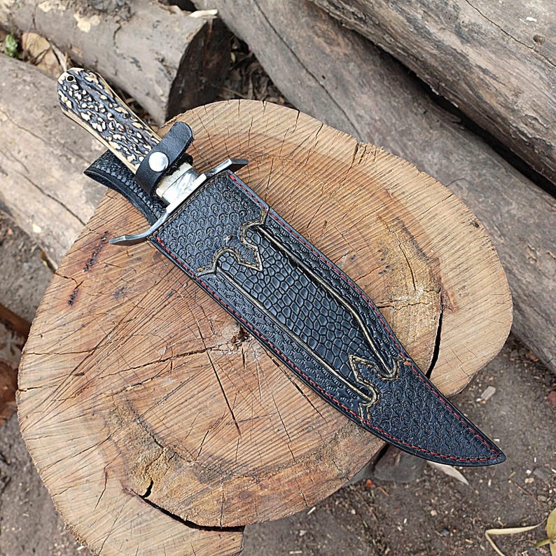 Custom Handmade Bowie Knife – 10" Hunting Blade, Mosaic Pattern, Stag Handle With Leather Sheath