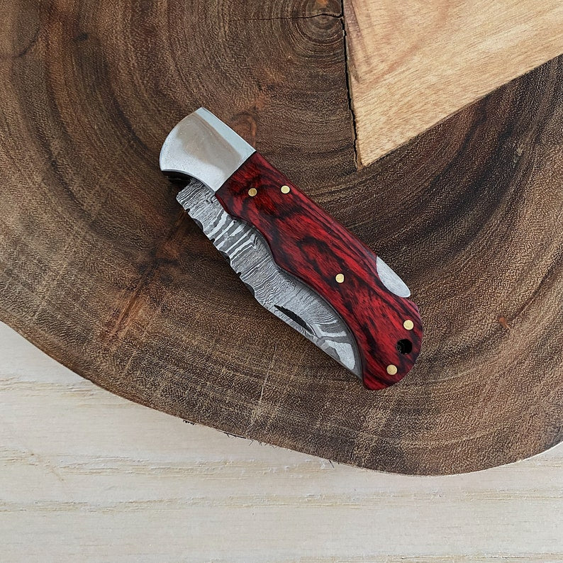 Custom Handmade Damascus Steel Folding Pocket Knife With Leather Pouch