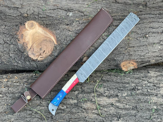 Custom Handmade Damascus Steel Bread Chef Kitchen Knife With Leather Sheath