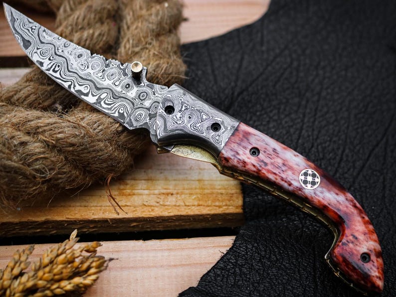 Custom Handmade Damascus Steel Folding Pocket Knife With Leather Pouch