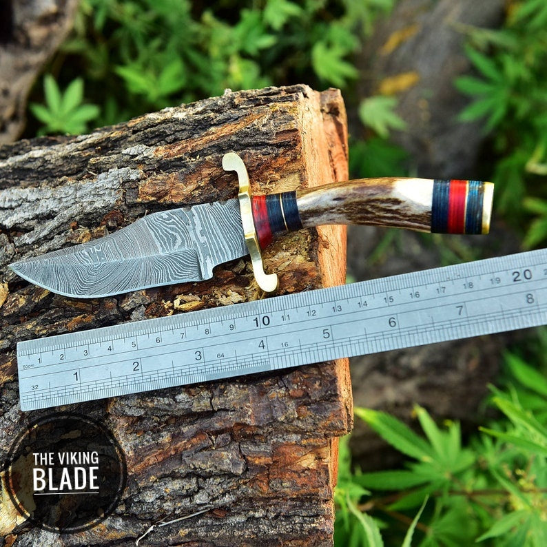 CUSTOM Handmade Damascus Steel HUNTING SKINNING Knife Stag Handle Brass Guard Comes With Genuine Leather Sheath