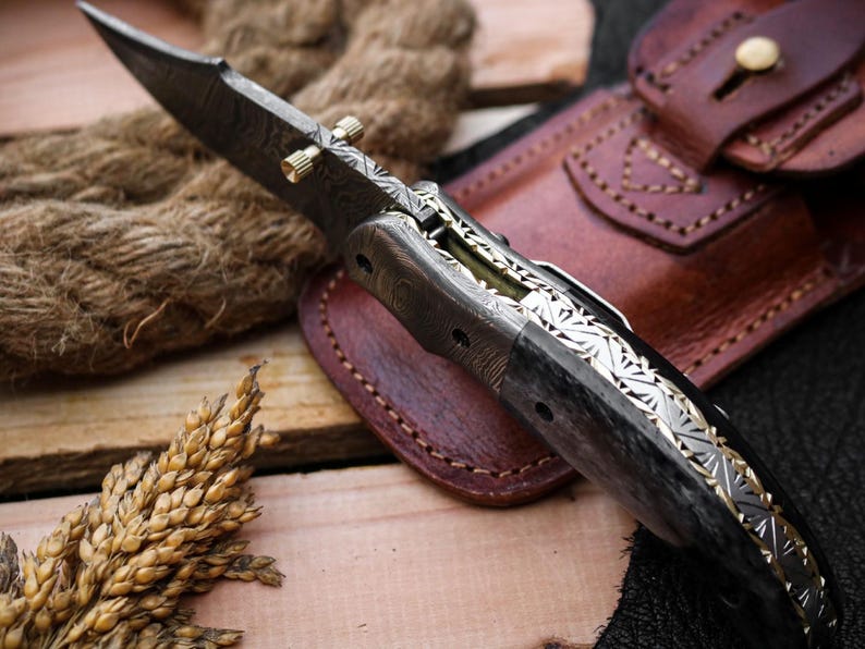 Custom Handmade Damascus Steel Folding Pocket Knife With Leather Pouch